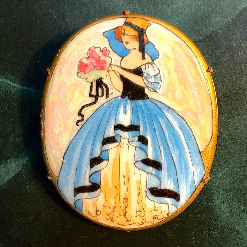 Vintage Art Deco Lustreware Handpainted Lady Porcelain Brooch Pin